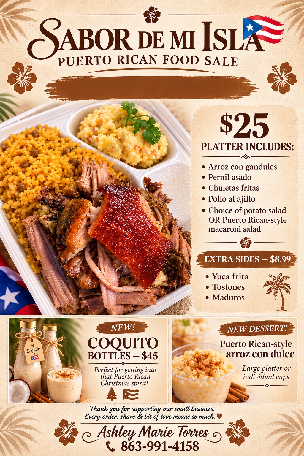 Plato con pernil asado, arroz con gandules y ensalada de papa